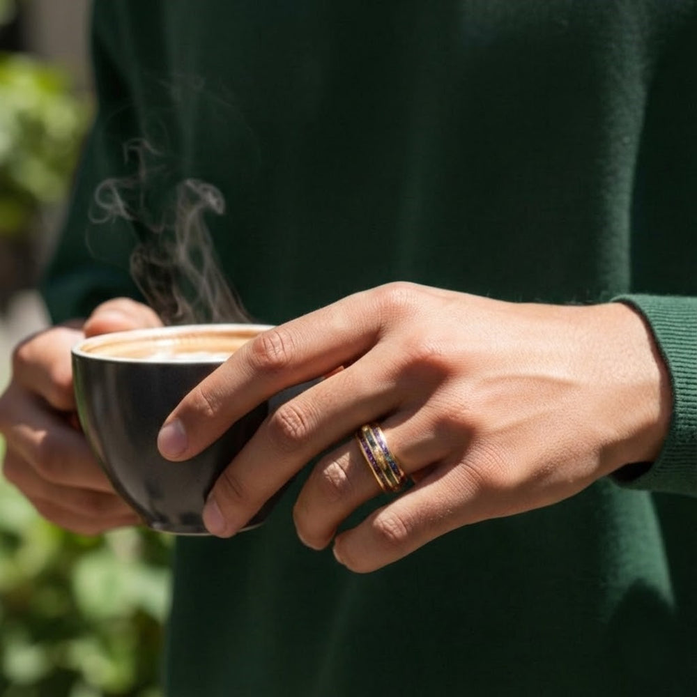 Gold Tungsten Wedding Band with Purple Opal and Meteorite Inlay