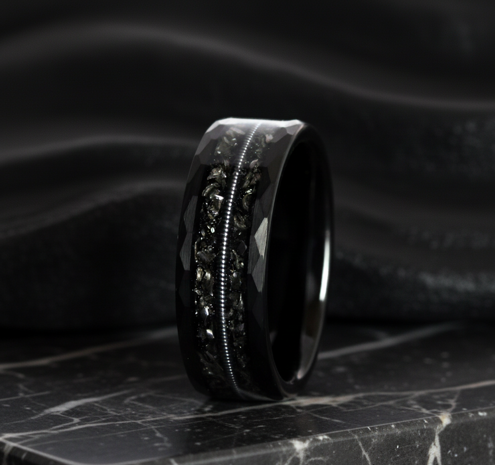 Hammered Black Tungsten Ring and Guitar String Inlay