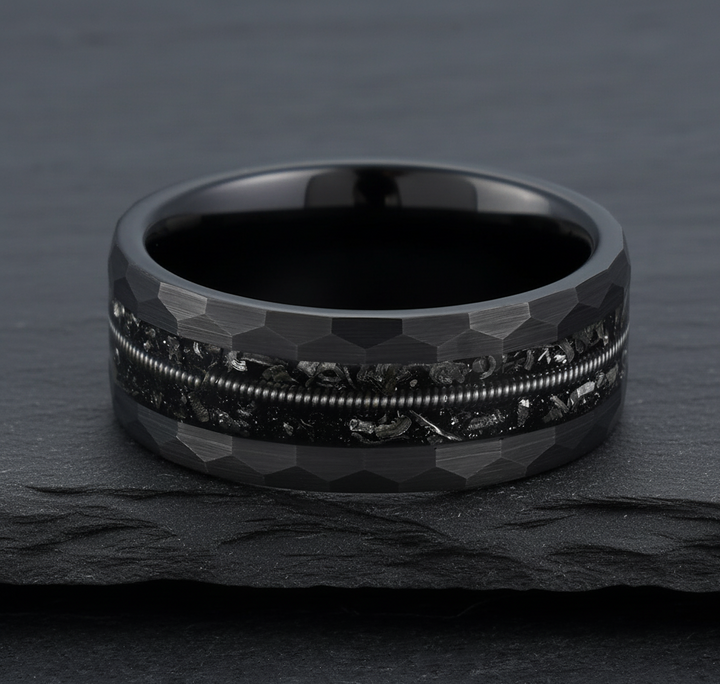 Hammered Black Tungsten Ring and Guitar String Inlay