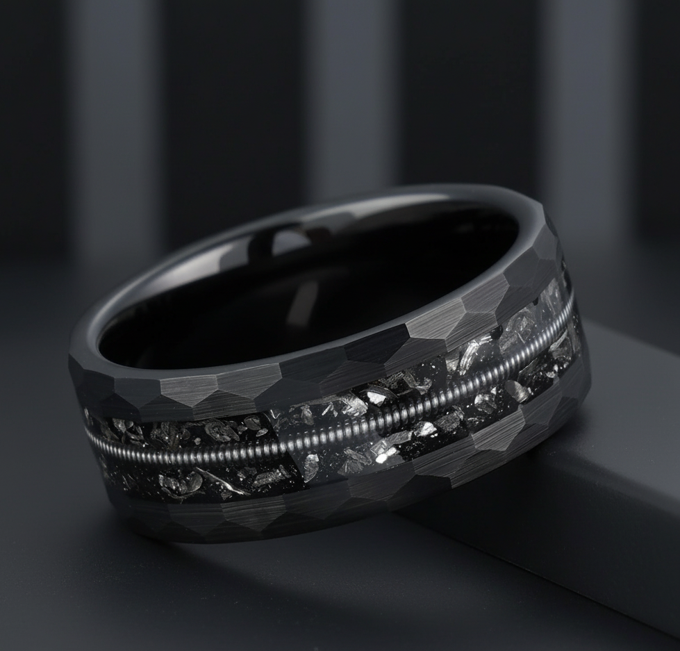 Hammered Black Tungsten Ring and Guitar String Inlay