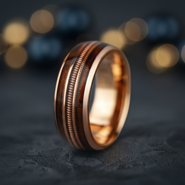 Light Rose Gold Tungsten Guitar String and Whiskey Barrel Wood Ring