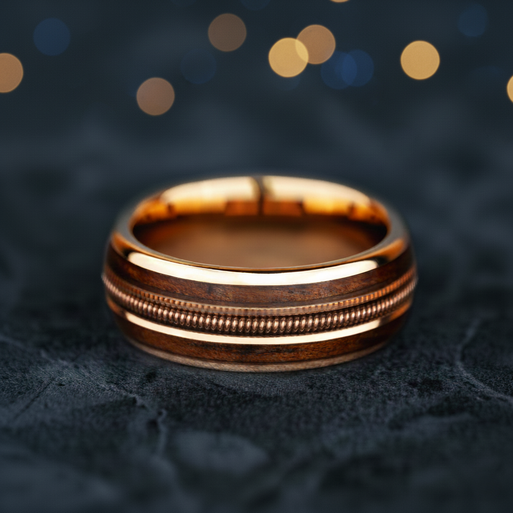 Light Rose Gold Tungsten Guitar String and Whiskey Barrel Wood Ring