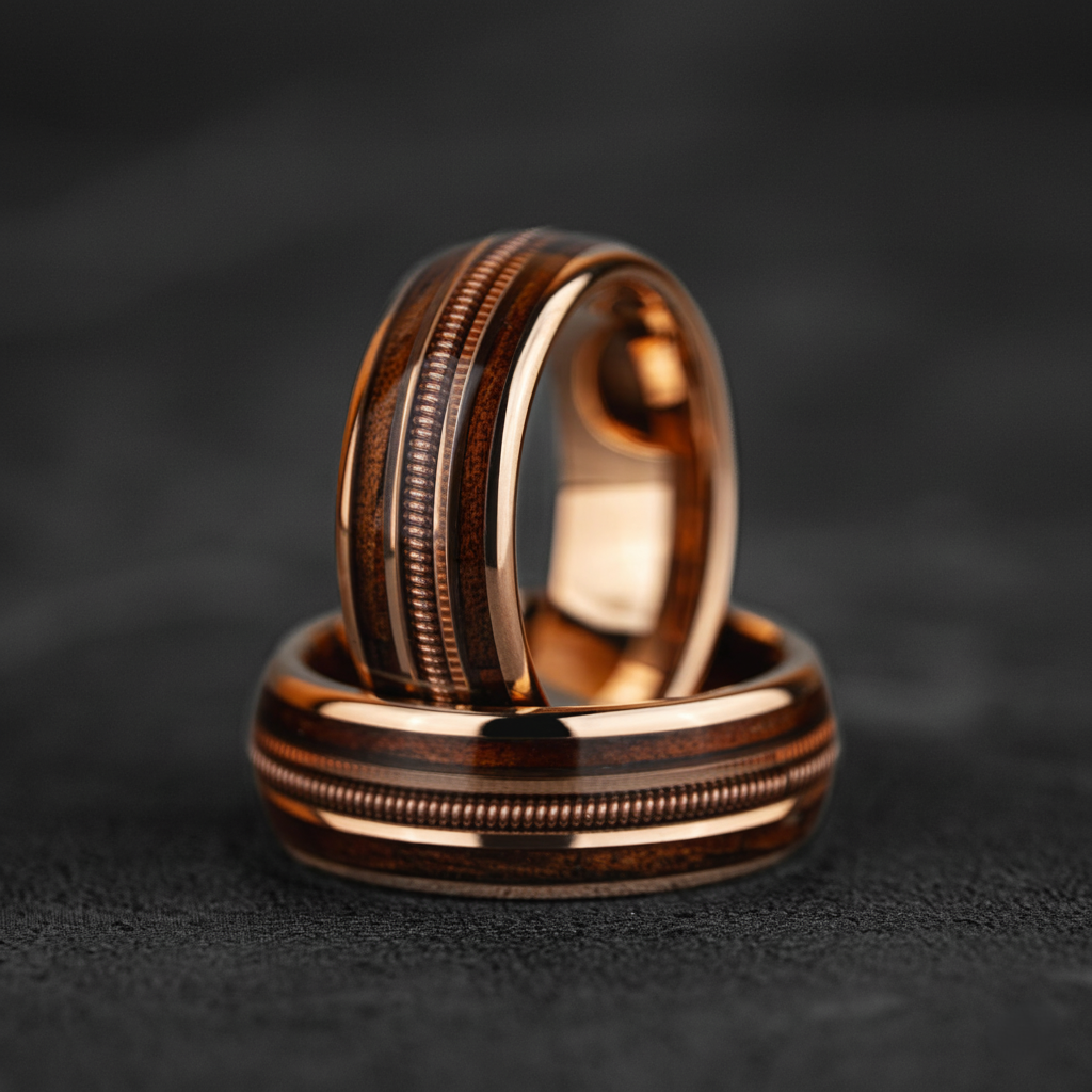 Light Rose Gold Tungsten Guitar String and Whiskey Barrel Wood Ring