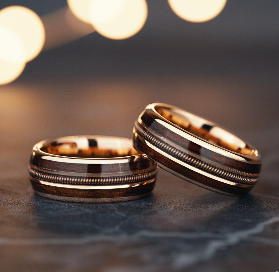 Light Rose Gold Tungsten Guitar String and Whiskey Barrel Wood Ring