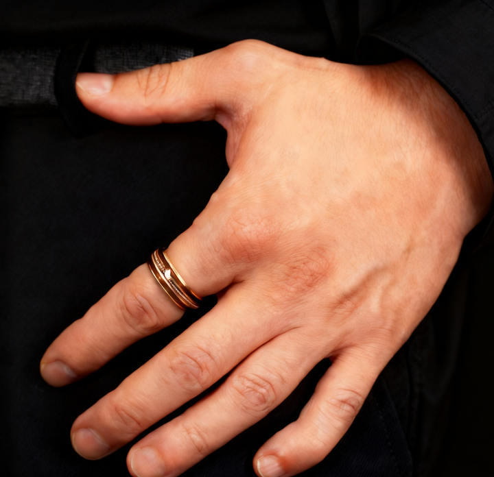 Light Rose Gold Tungsten Guitar String and Whiskey Barrel Wood Ring