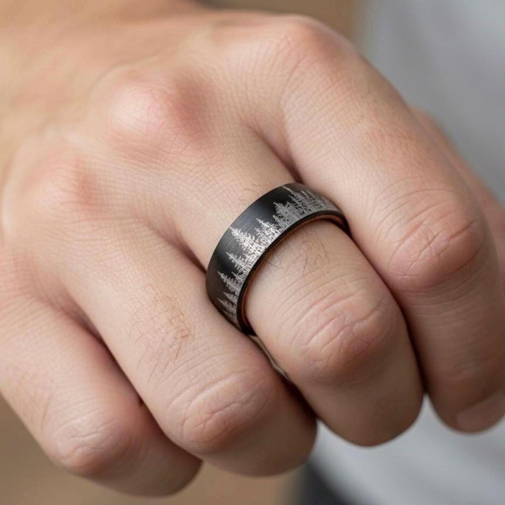 Whiskey Barrel Tungsten Ring Forest Engraved Wooden Wedding Band