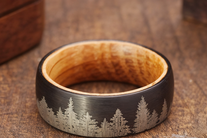 Whiskey Barrel Tungsten Ring Forest Engraved Wooden Wedding Band