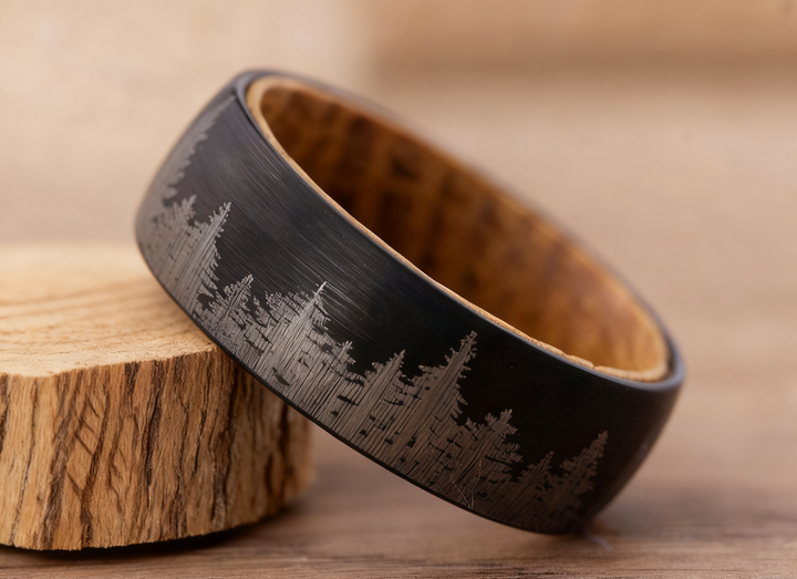 Whiskey Barrel Tungsten Ring Forest Engraved Wooden Wedding Band