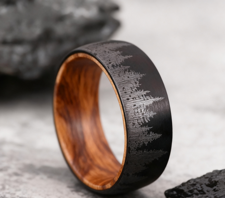Whiskey Barrel Tungsten Ring Forest Engraved Wooden Wedding Band