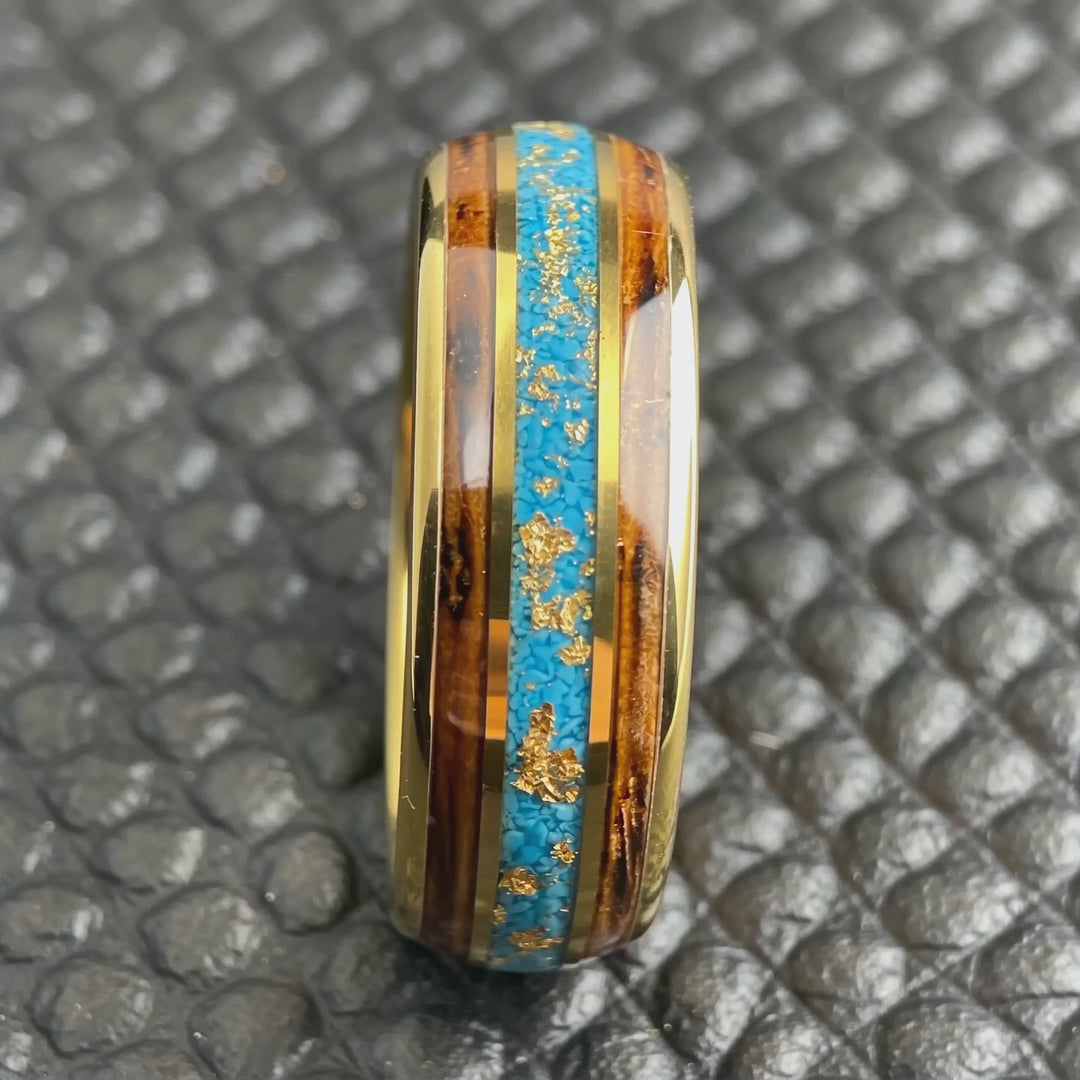 The Vein - Koa Wood, Turquoise and 18K Gold Tungsten Band | ForgeValon product video