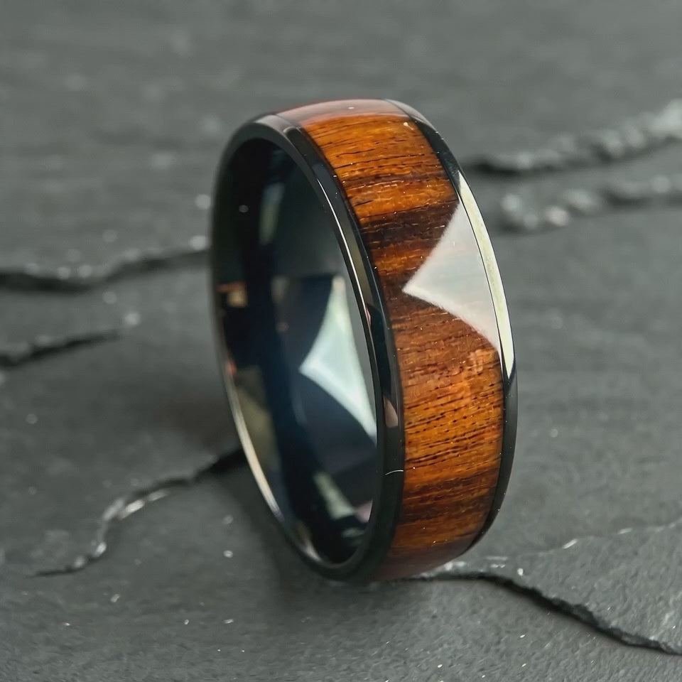 The Palisade - Black Tungsten and Koa Wood Band | ForgeValon product video