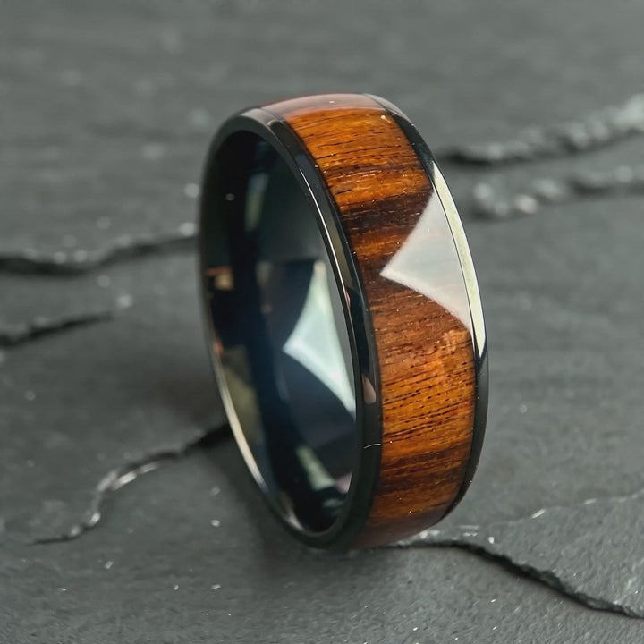 The Palisade - Black Tungsten and Koa Wood Band | ForgeValon product video