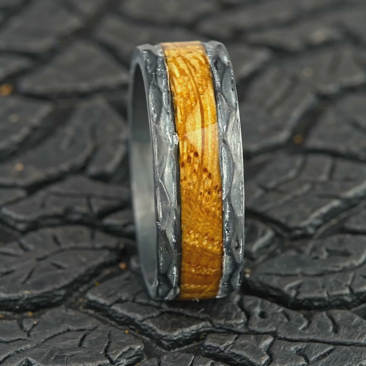 The Warden - Hammered Tungsten, Whiskey Barrel Wood and Titanium Band | ForgeValon product video