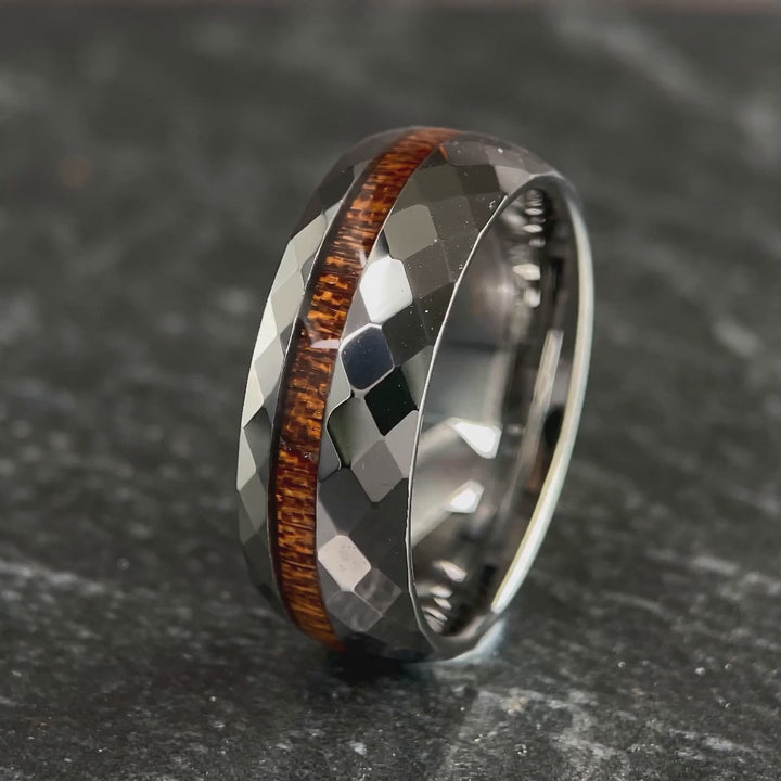 The Lattice - Faceted Tungsten and Koa Wood Band | ForgeValon product video