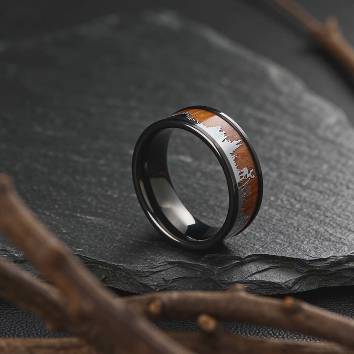 The Dominion - Black Tungsten, Koa Wood and Forest Etched Band | ForgeValon product video