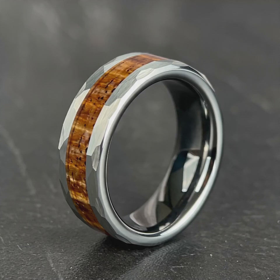 The Rampart - Hammered Tungsten, Koa Wood and Silver Band | ForgeValon product video