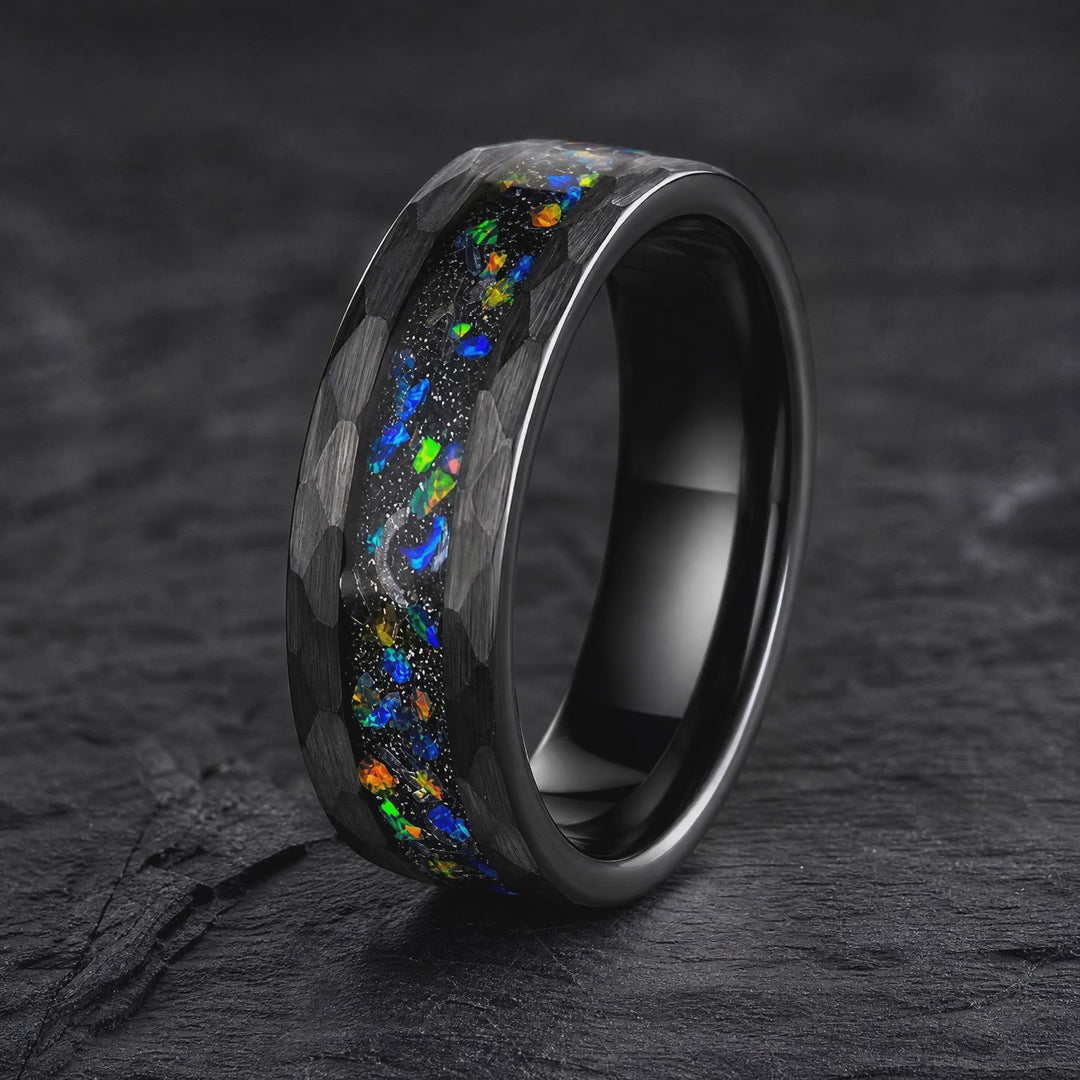 The Relic - Hammered Tungsten, Black Opal and Meteorite Band | ForgeValon product video