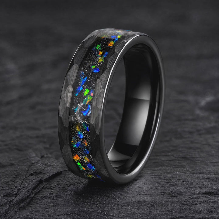 The Relic - Hammered Tungsten, Black Opal and Meteorite Band | ForgeValon product video
