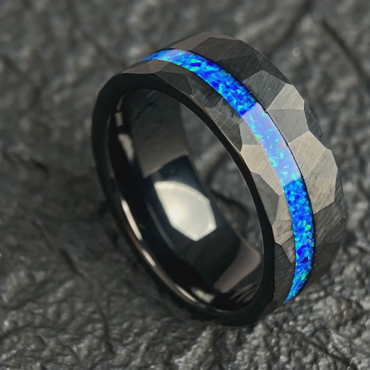 The Leyline - Hammered Black Tungsten and Blue Opal Band | ForgeValon product video