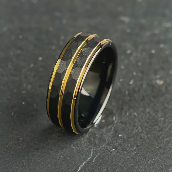 The Citadel - Hammered Black Tungsten and 18K Gold Band | ForgeValon product video