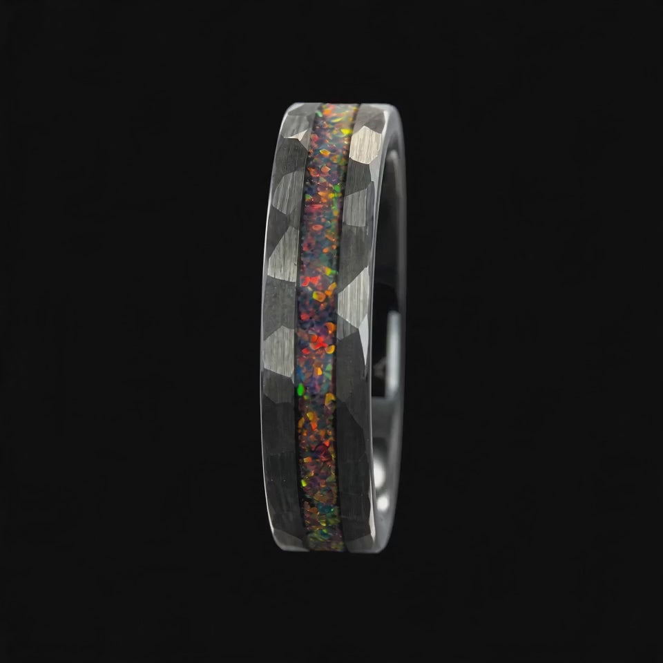 The Caldera - Hammered Black Tungsten and Fire Opal Band | ForgeValon product video