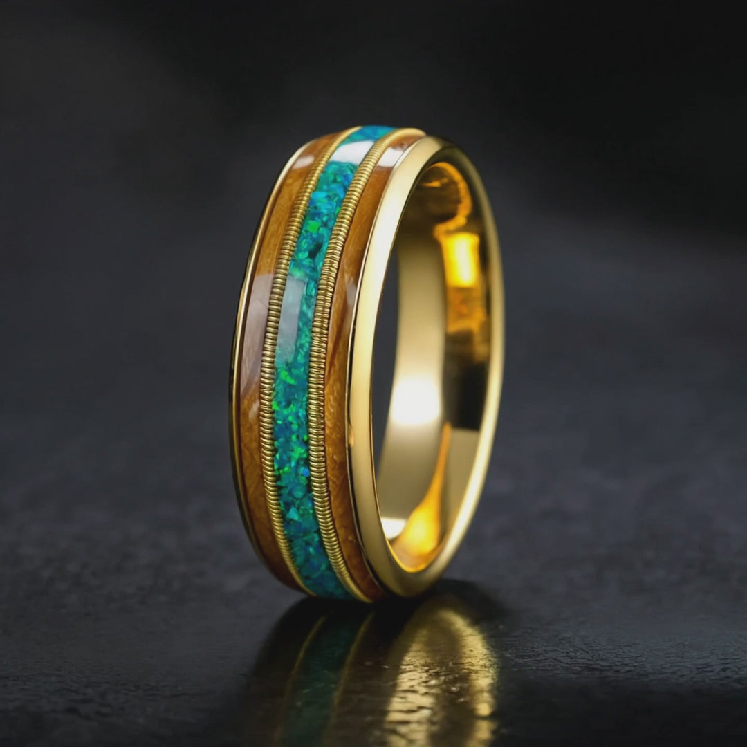 The Meridian - 18K Gold, Koa Wood and Blue Opal Band | ForgeValon product video