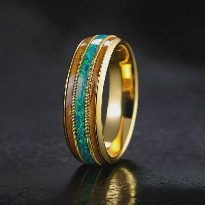 The Meridian - 18K Gold, Koa Wood and Blue Opal Band | ForgeValon product video