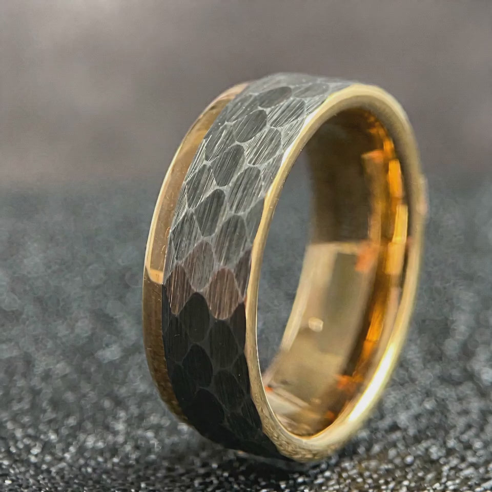 The Myrmidon - Hammered Black Tungsten and 18K Gold Band | ForgeValon product video