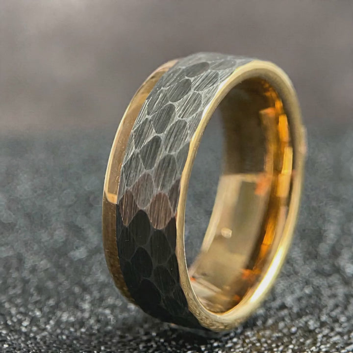 The Myrmidon - Hammered Black Tungsten and 18K Gold Band | ForgeValon product video
