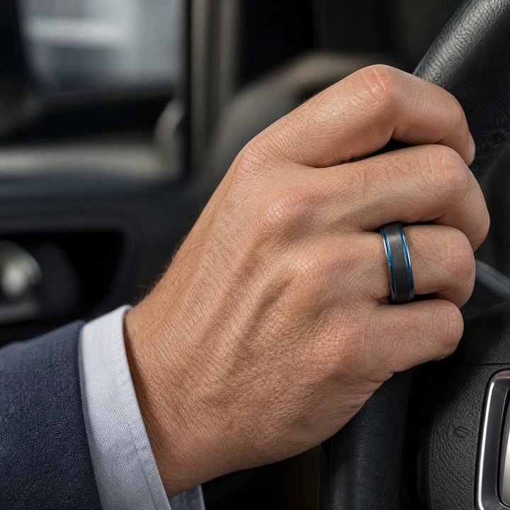 The Afterburner black tungsten ring - on-hand view