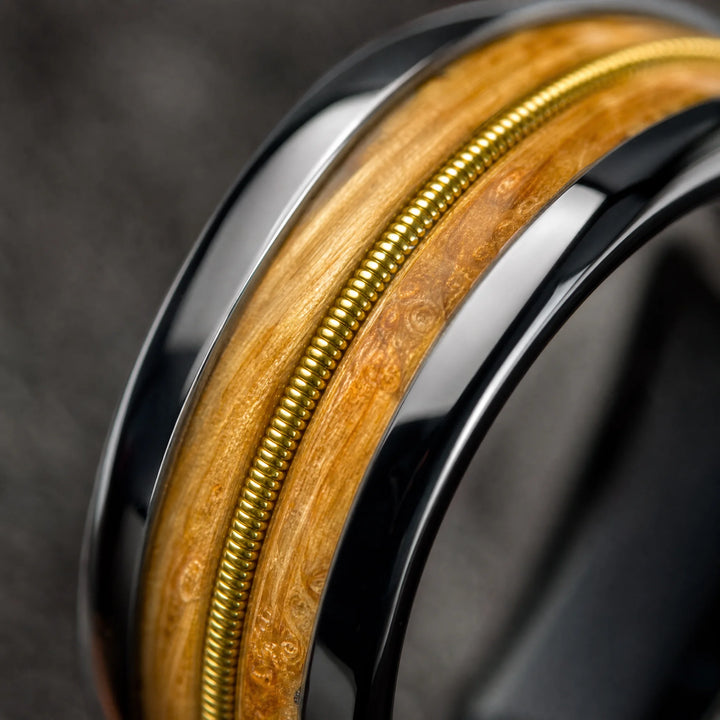 The Anthem Tungsten, Whiskey Barrel Wood and Guitar String ring - detail view