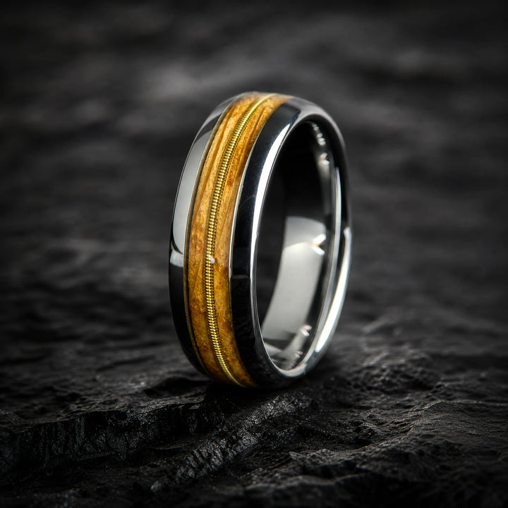 The Anthem Tungsten, Whiskey Barrel Wood and Guitar String ring - hero view