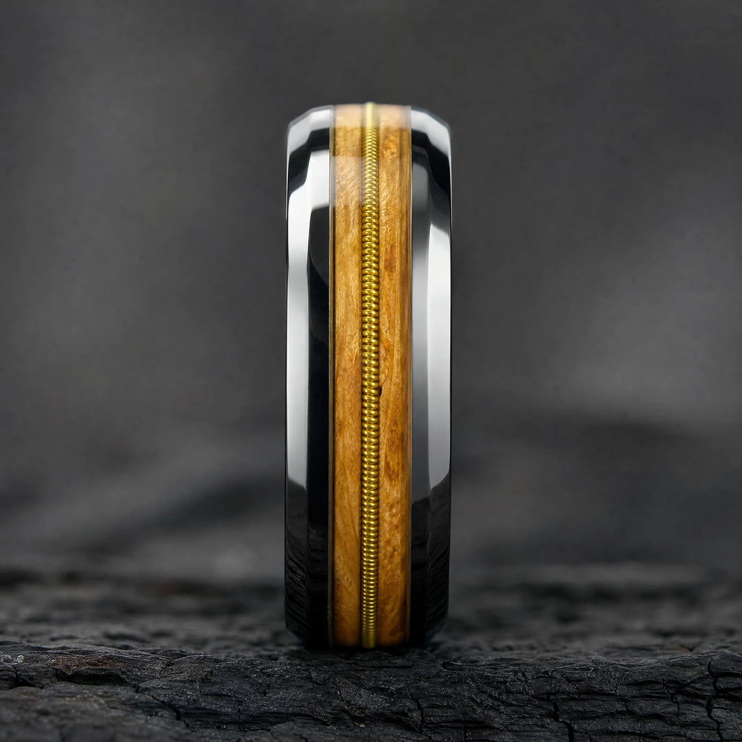The Anthem Tungsten, Whiskey Barrel Wood and Guitar String ring - side view