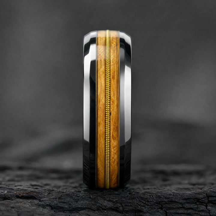 The Anthem Tungsten, Whiskey Barrel Wood and Guitar String ring - side view