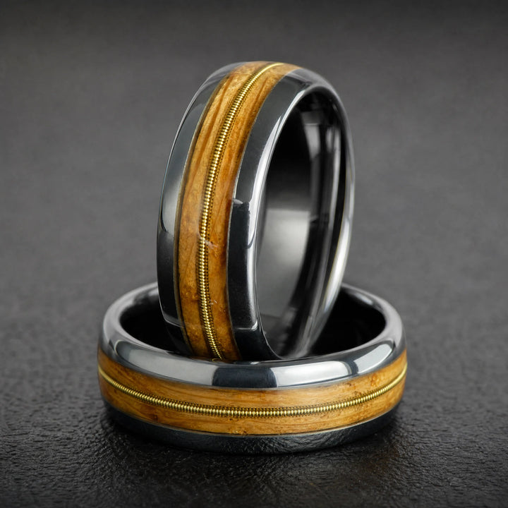 The Anthem Tungsten, Whiskey Barrel Wood and Guitar String ring - stacked view