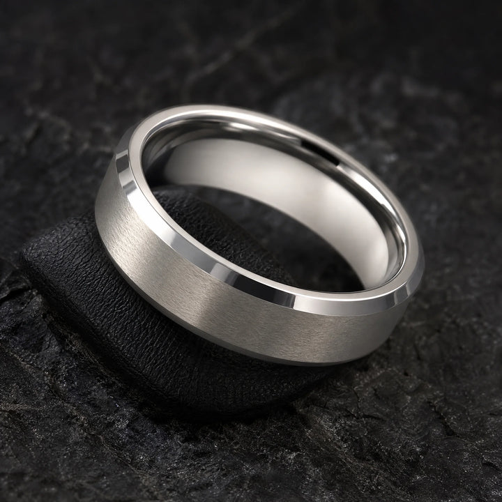 The Armature brushed and polished tungsten ring - angled view