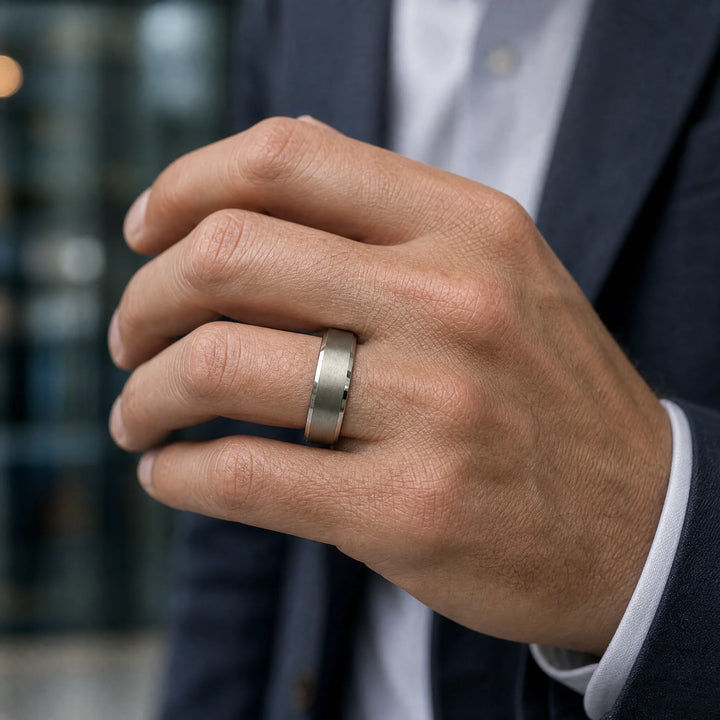 The Armature brushed and polished tungsten ring - on-hand view