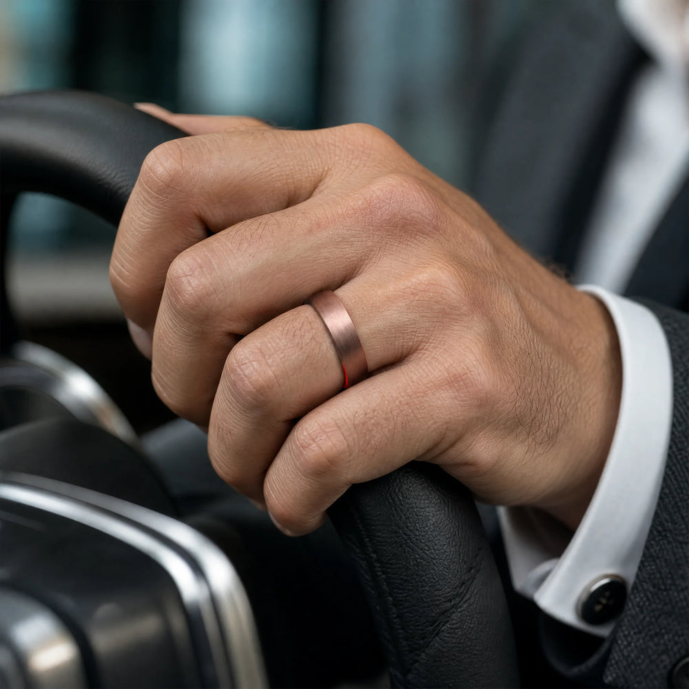 The Artery brushed copper tungsten ring - on-hand view