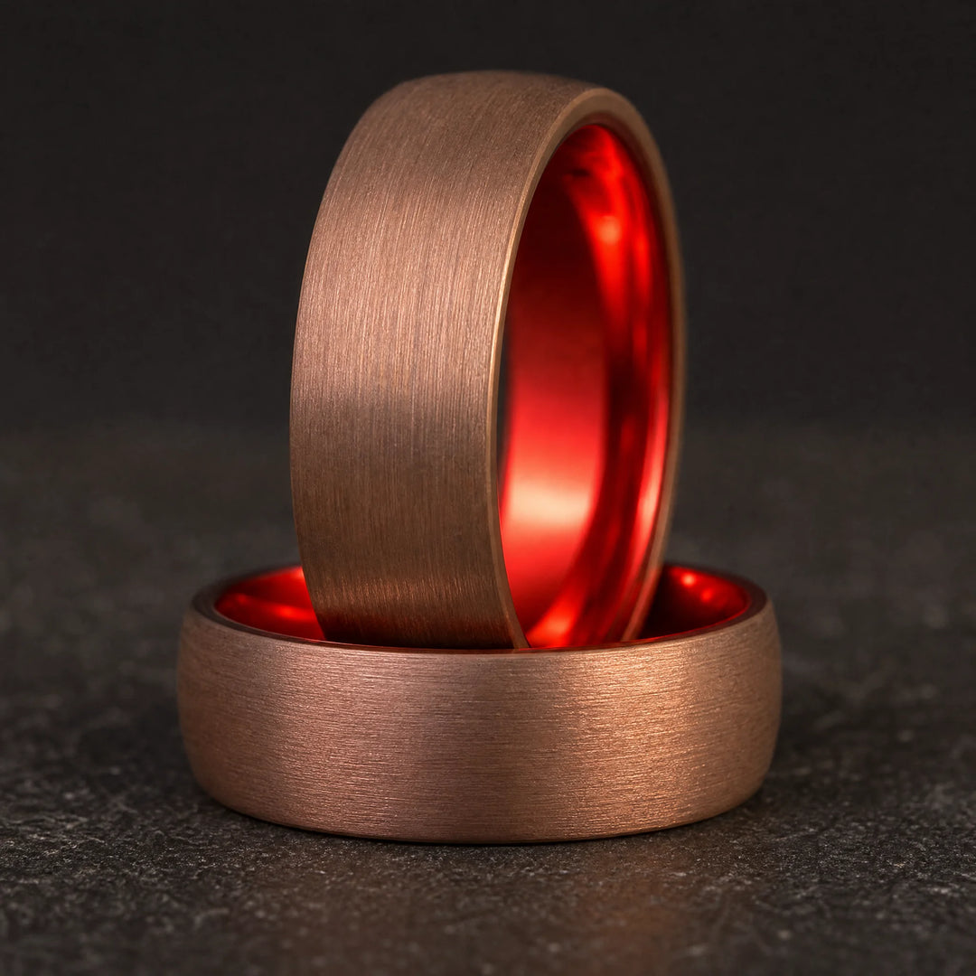 The Artery brushed copper tungsten ring - stacked view