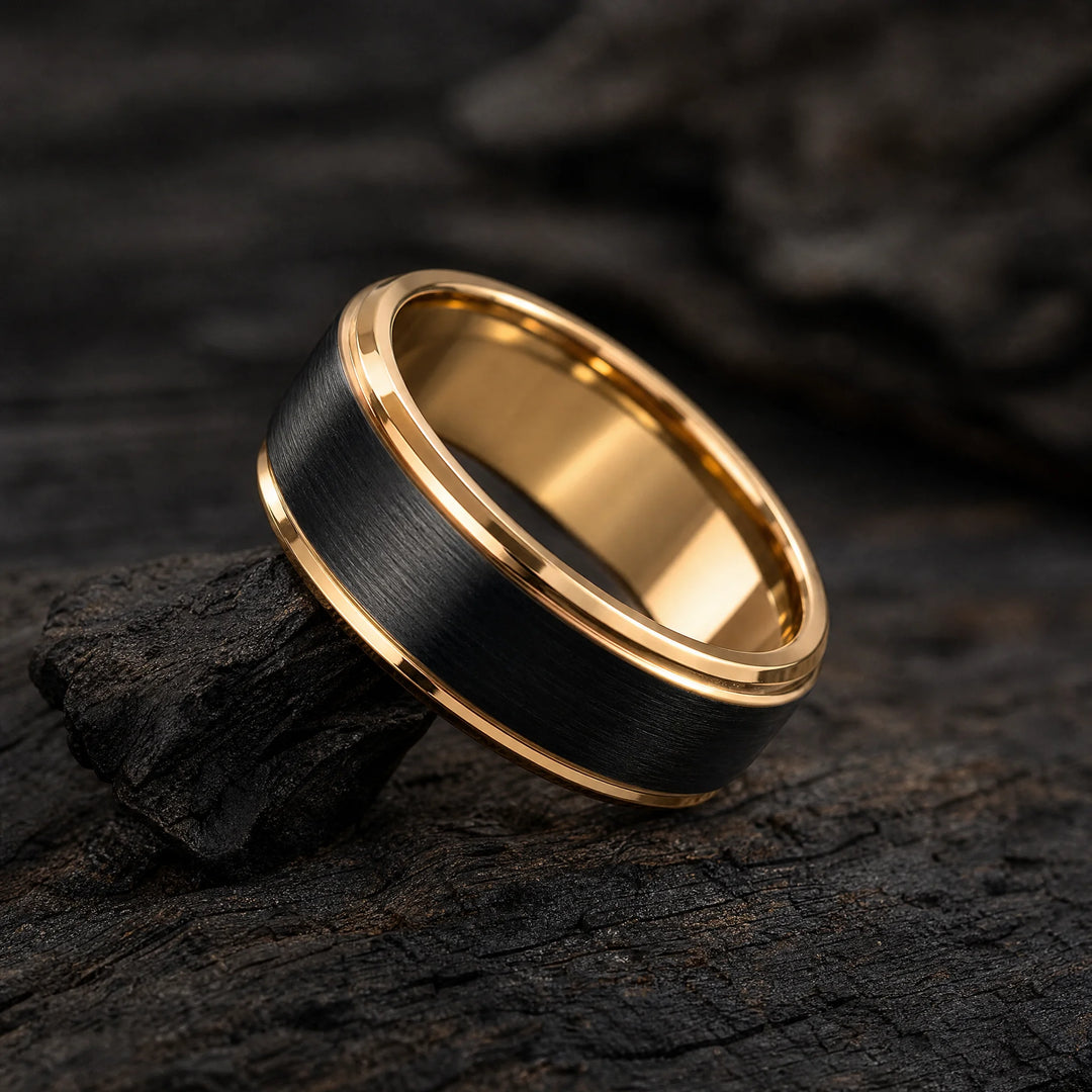 The Bastion Black Tungsten and 18K Gold ring - angled view