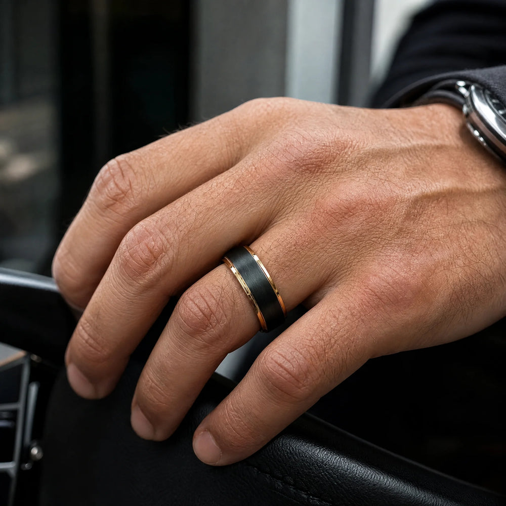The Bastion Black Tungsten and 18K Gold ring - on-hand view