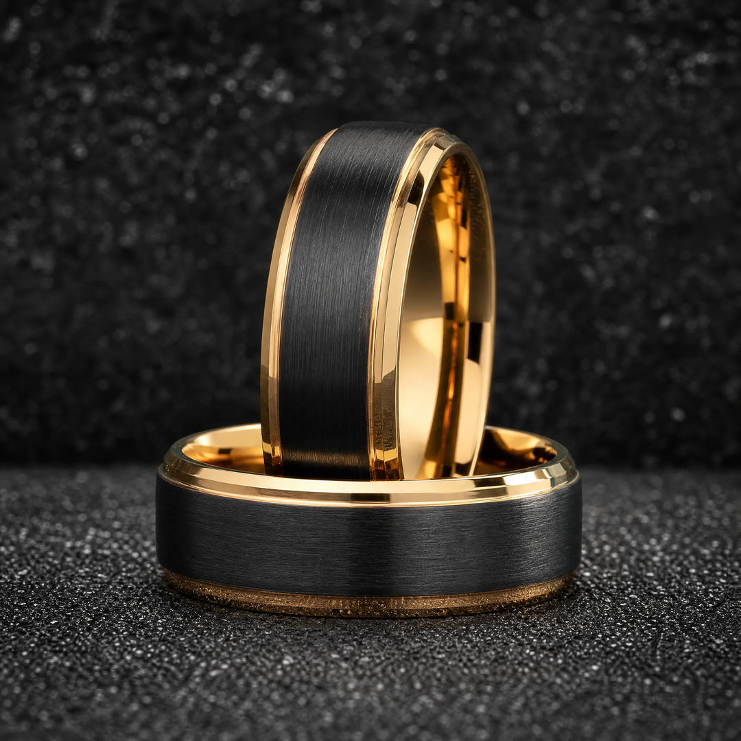 The Bastion Black Tungsten and 18K Gold ring - stacked view