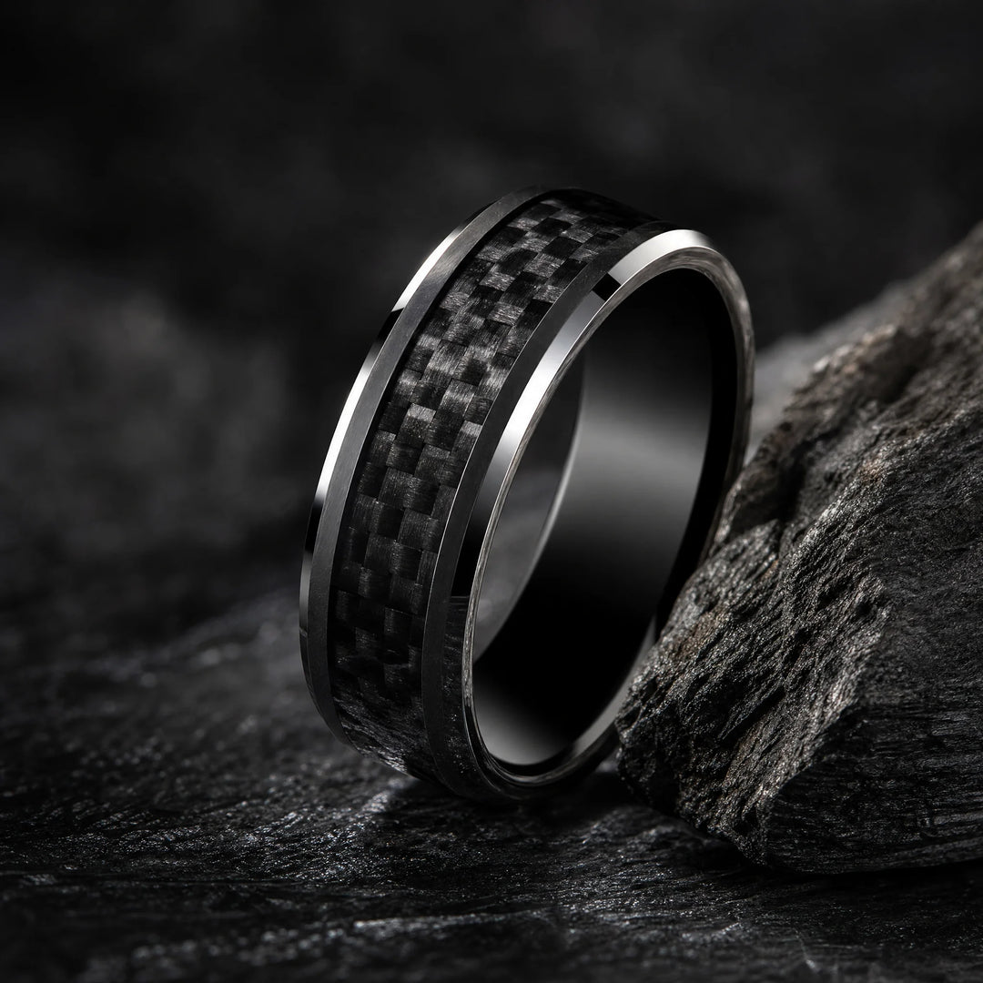 The Blacksite black tungsten and carbon fiber ring - angled view