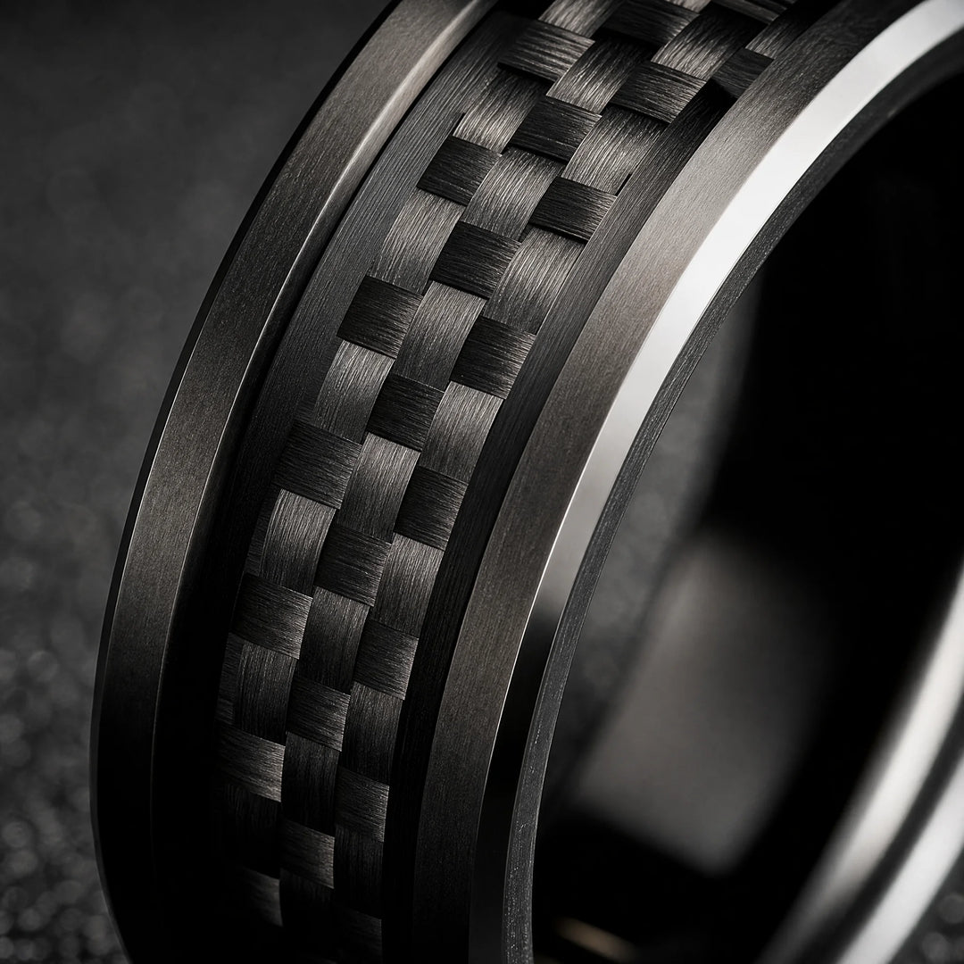The Blacksite black tungsten and carbon fiber ring - detail view