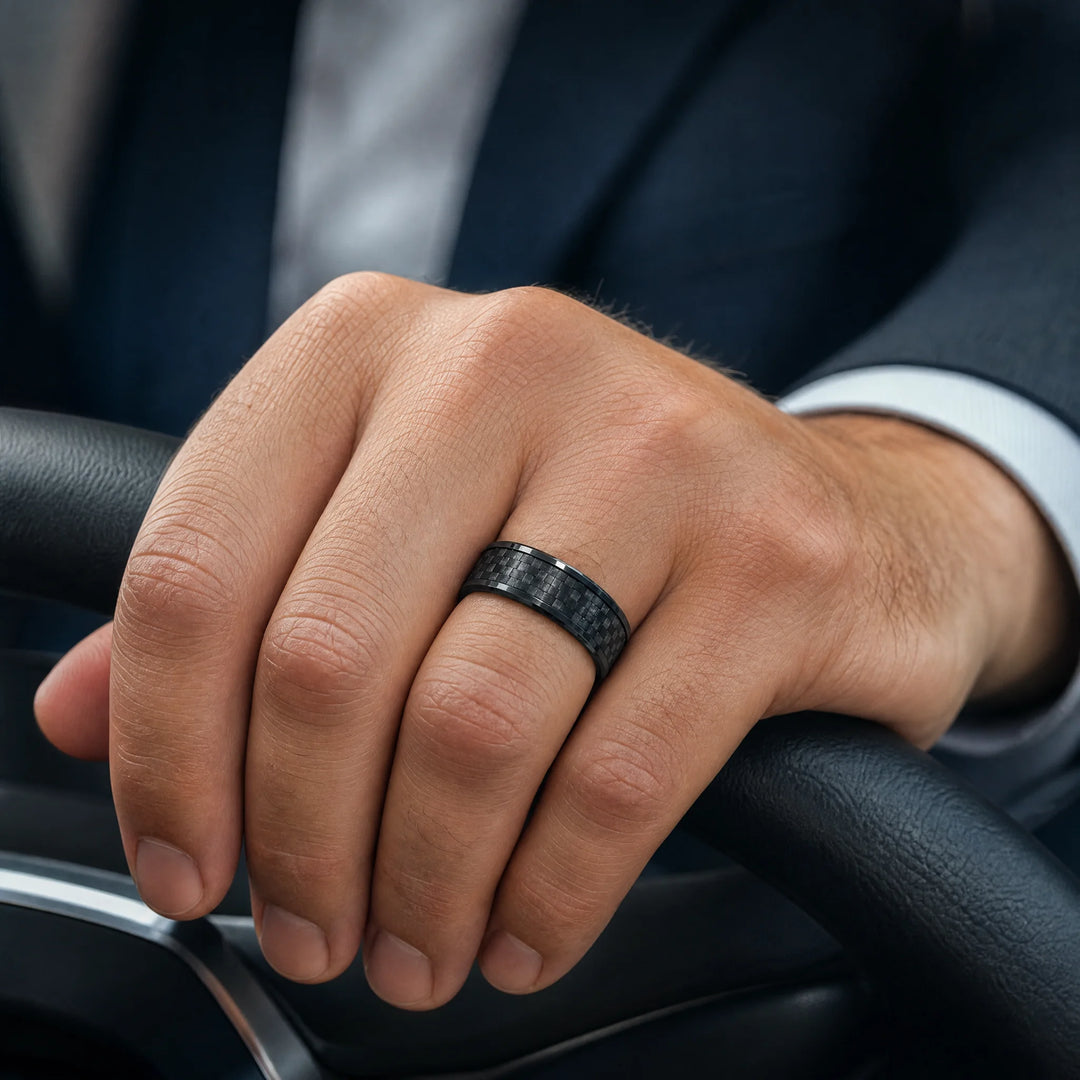 The Blacksite black tungsten and carbon fiber ring - on-hand view