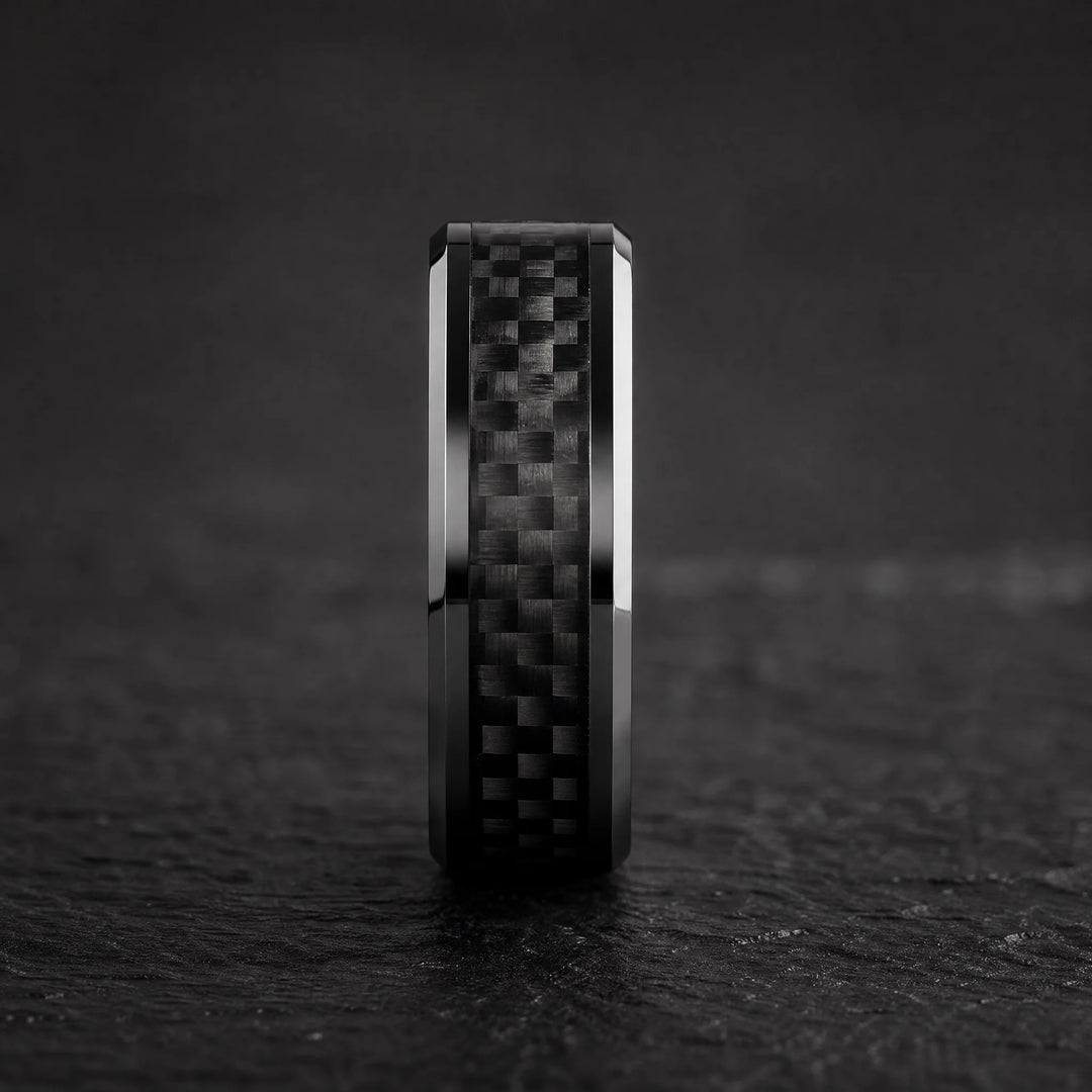 The Blacksite black tungsten and carbon fiber ring - side view