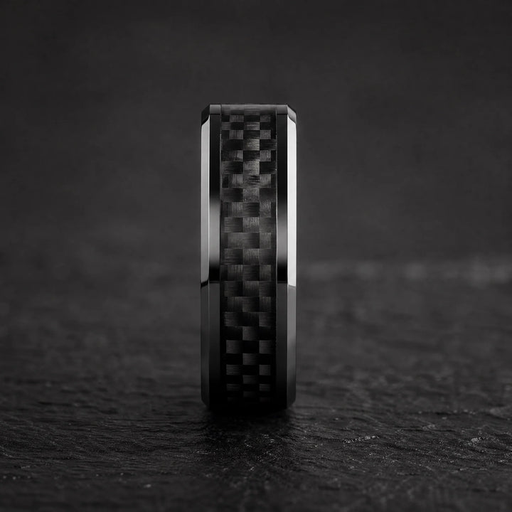 The Blacksite black tungsten and carbon fiber ring - side view