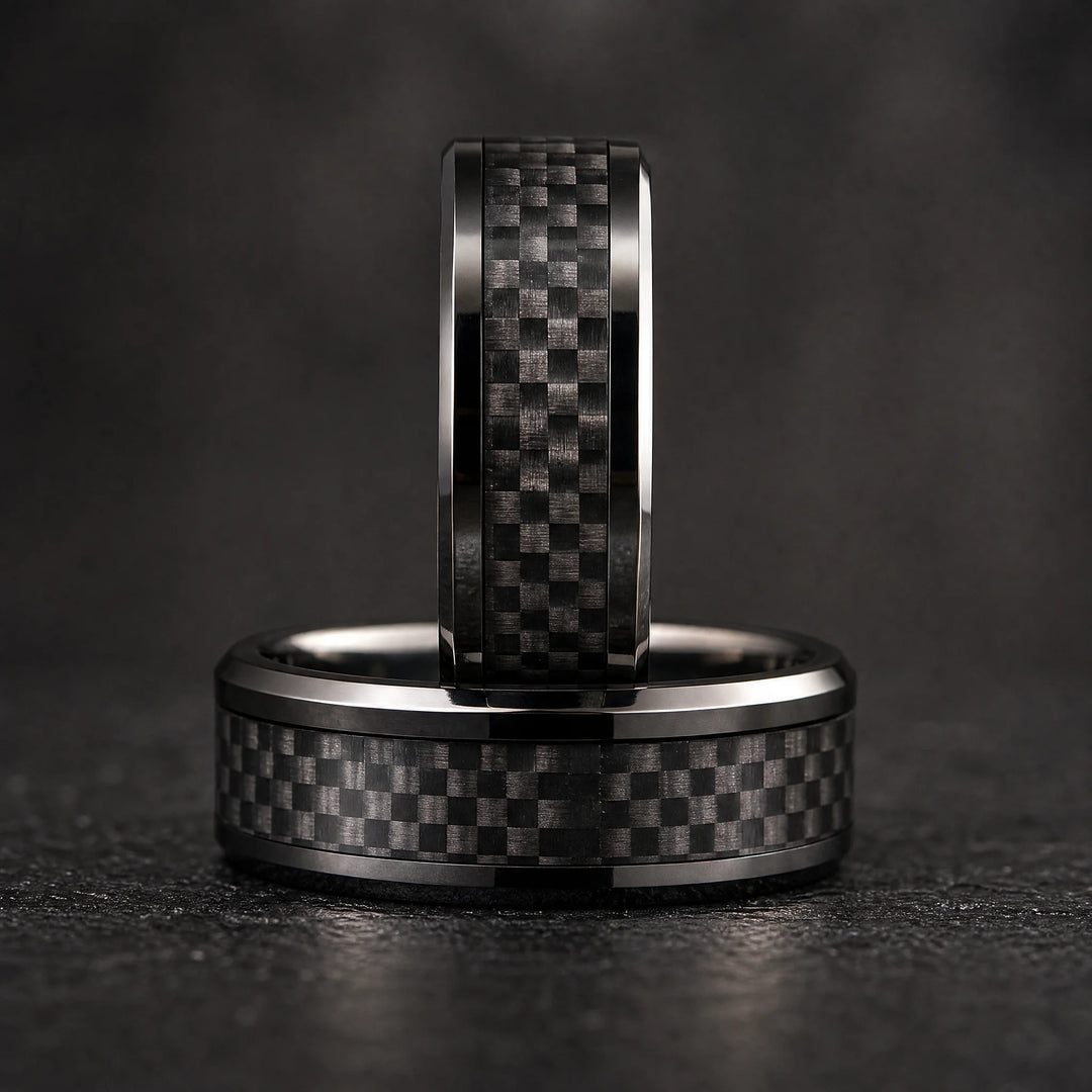 The Blacksite black tungsten and carbon fiber ring - stacked view