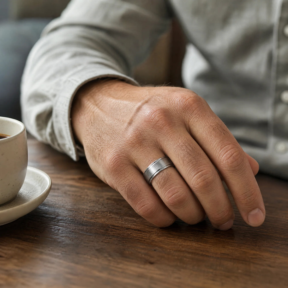 The Bulwark Tungsten ring - on-hand view