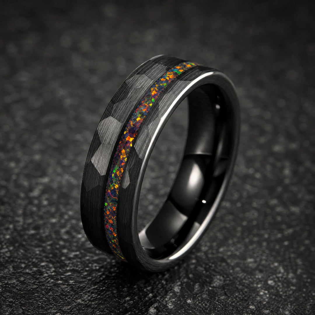 The Caldera hammered tungsten and fire opal ring - hero view
